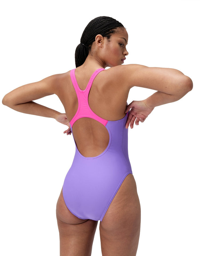 Purple and pink Speedo Medley Logo Swimsuit with racerback design