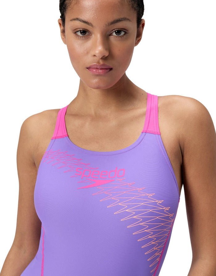 Purple Speedo Medley Logo Swimsuit with pink accents and lavender design