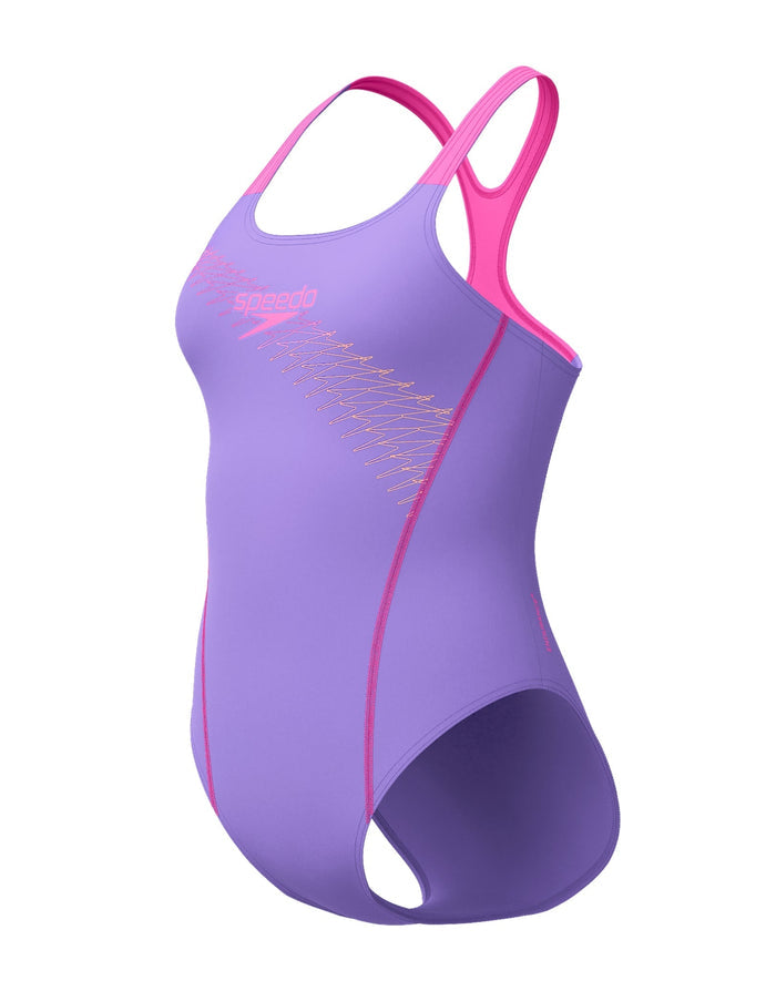 Speedo Medley Logo Swimsuit in purple pink with gold side logo