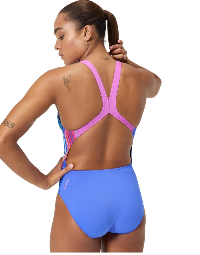 Speedo Placement Digital Powerback swimsuit in blue/multi with pink crisscross nylon spandex back