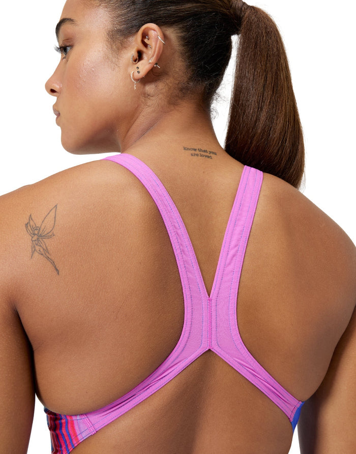 Speedo blue/multi placement digital powerback swimsuit with pink purple racerback bra