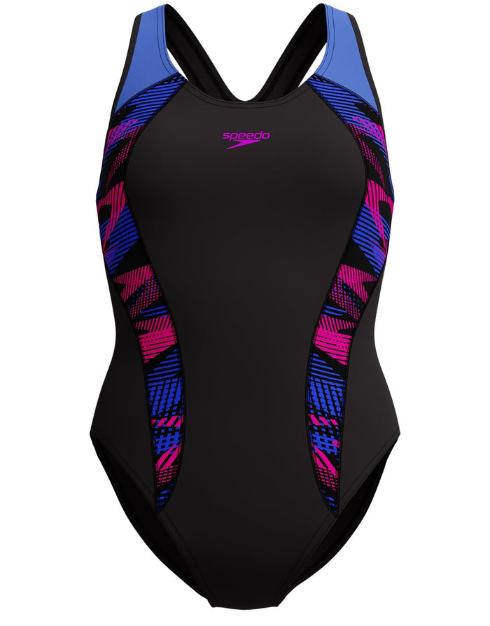 Black Speedo placement laneback swimsuit with purple pink geometric sides