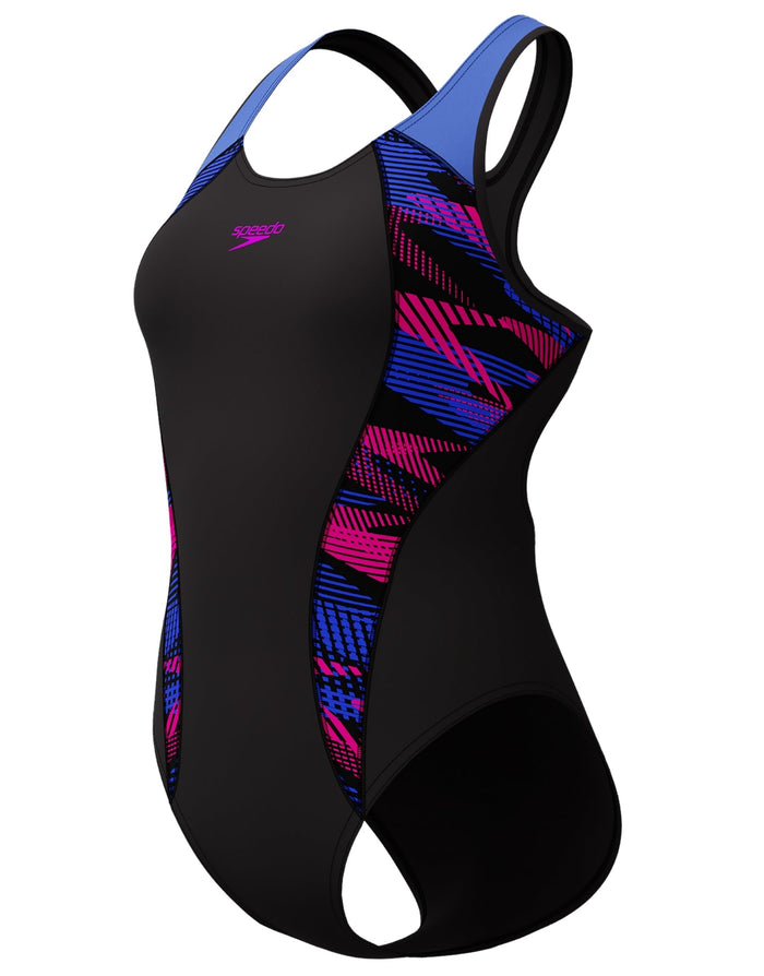 Black Speedo Placement Laneback Swimsuit with colorful geometric neoprene back