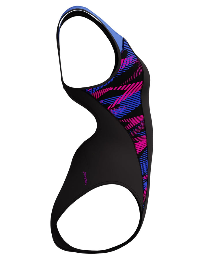 Speedo Placement Laneback Swimsuit in black and purple neoprene with geometric pattern