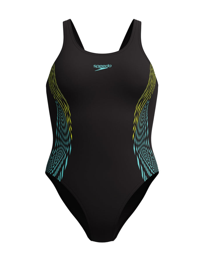 Black Speedo placement muscleback swimsuit with yellow feather sides