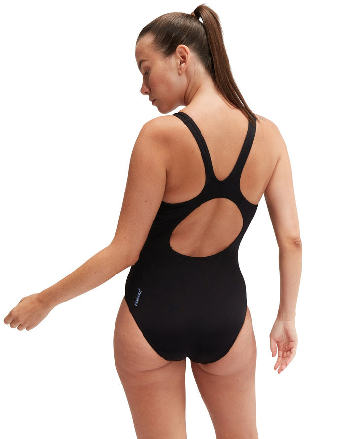 Navy blue Speedo placement muscleback swimsuit with cutout racerback