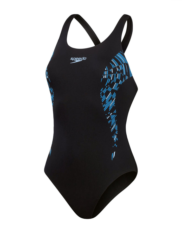 Navy blue Speedo placement muscleback swimsuit with wave design