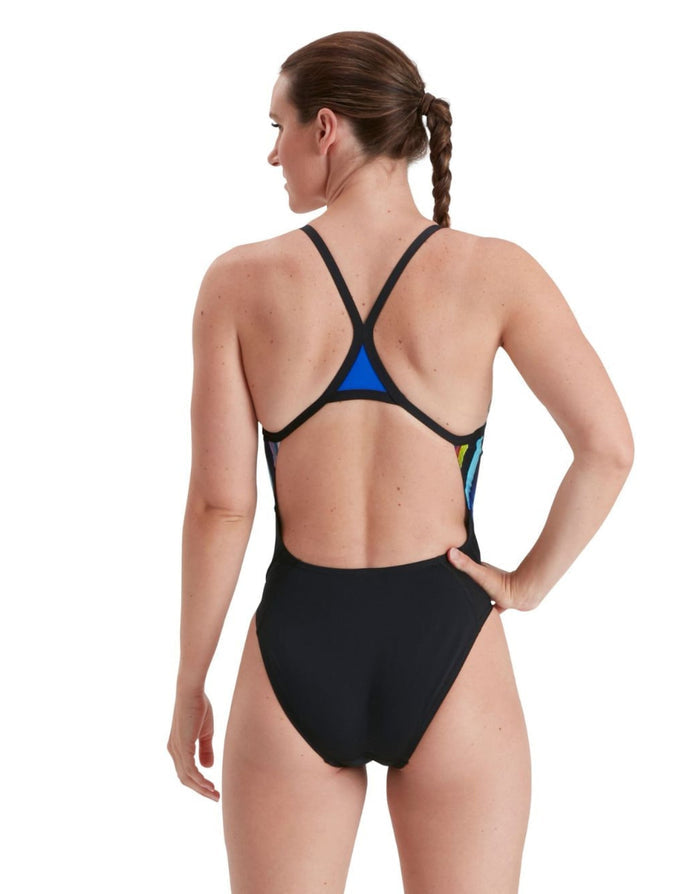 Speedo Placement Thinstrap Muscleback black and blue one-piece swimsuit with crisscross back for unrestricted shoulder movement