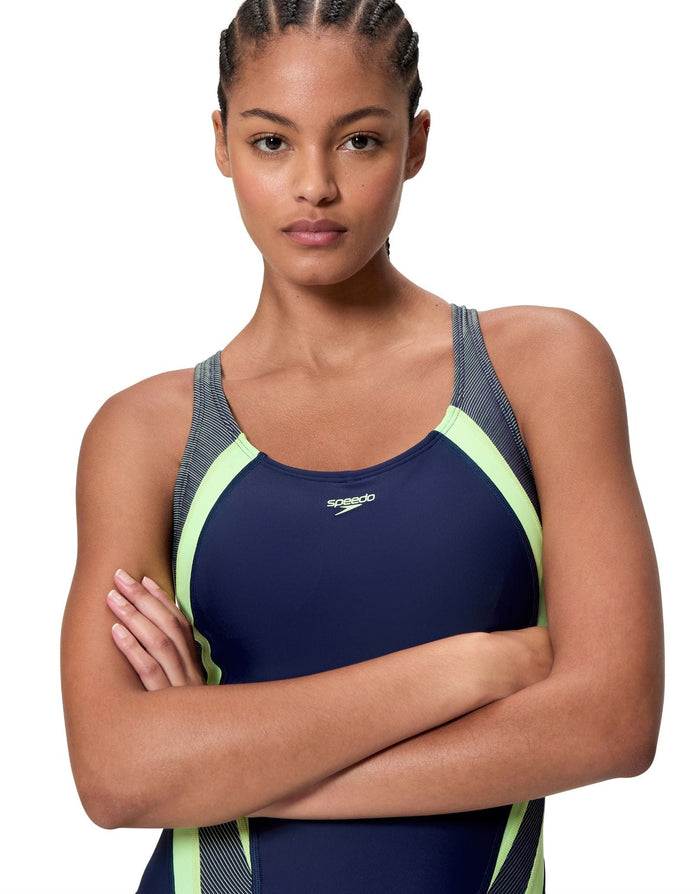 Speedo Quantum Rib Splice Swimsuit - Navy/Light Green