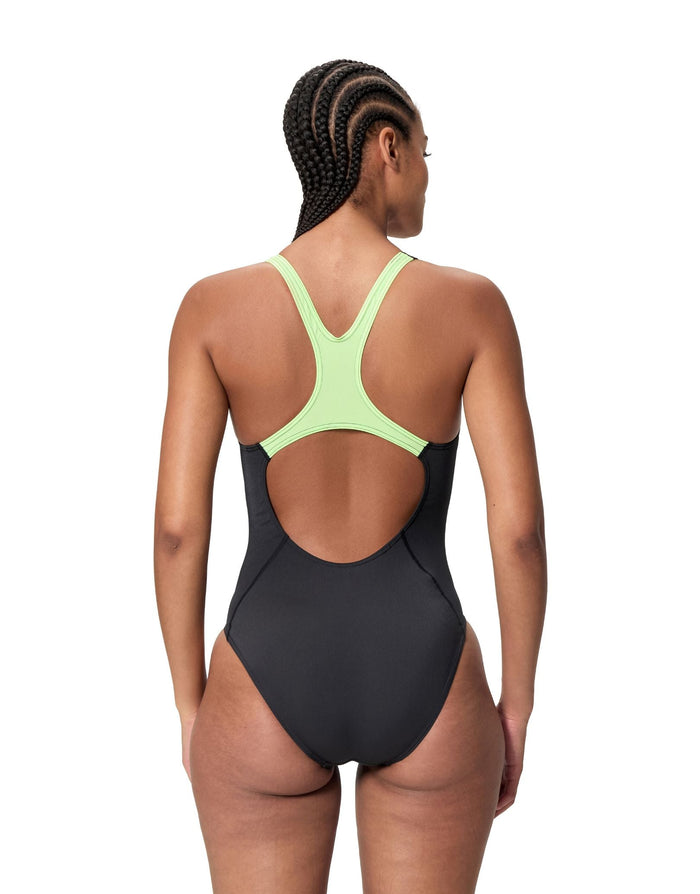 Speedo Solid Splice Medalist Swimsuit - Black/Light Green - Womens Swimwear