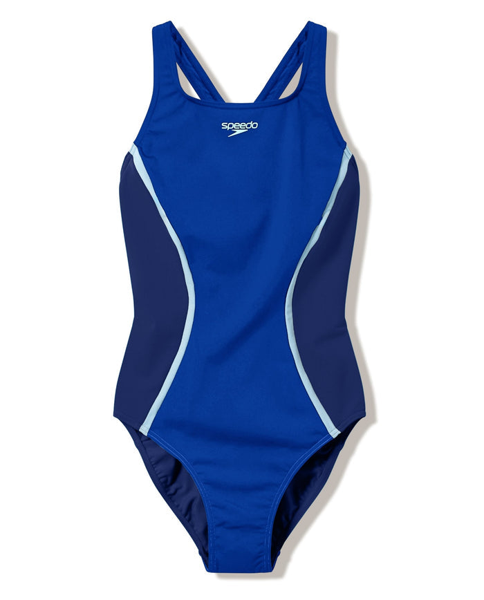 Speedo Solid Splice Medalist Swimsuit - Blue/Dark Blue