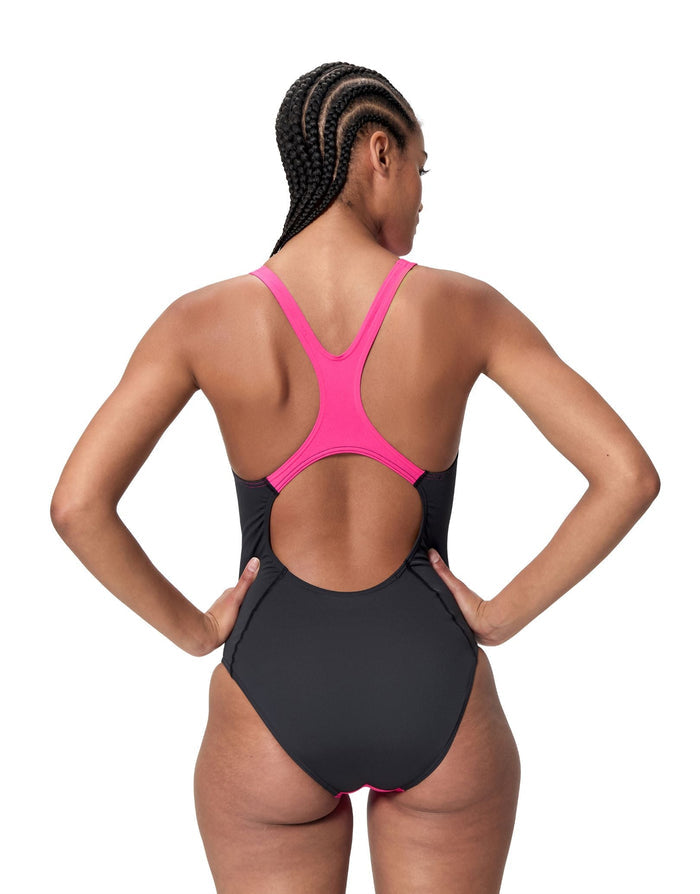 Speedo Solid Splice Medalist Swimsuit - Pink/Black