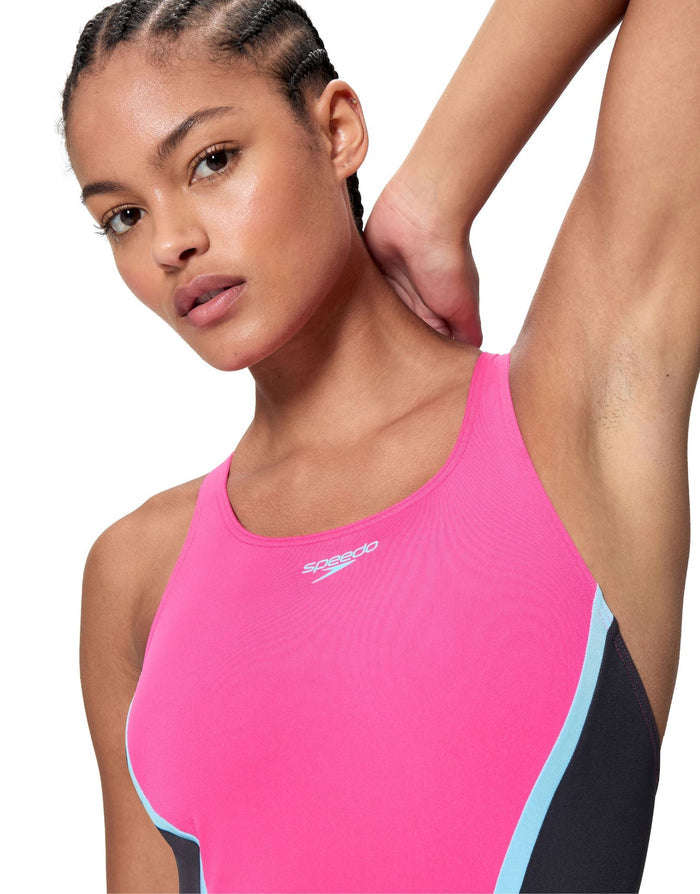 Speedo Solid Splice Medalist Swimsuit - Pink/Black