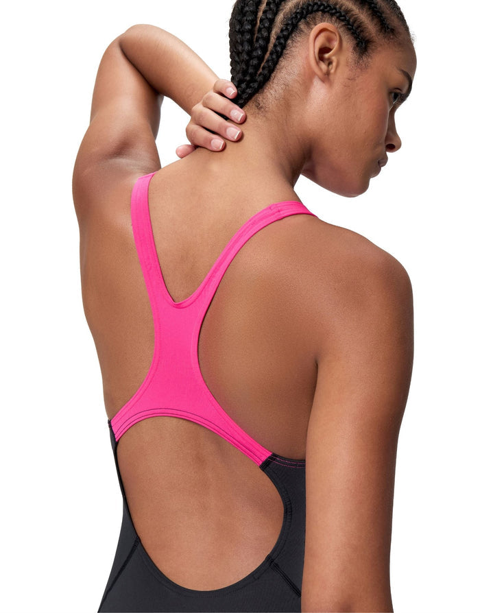 Speedo Solid Splice Medalist Swimsuit - Pink/Black
