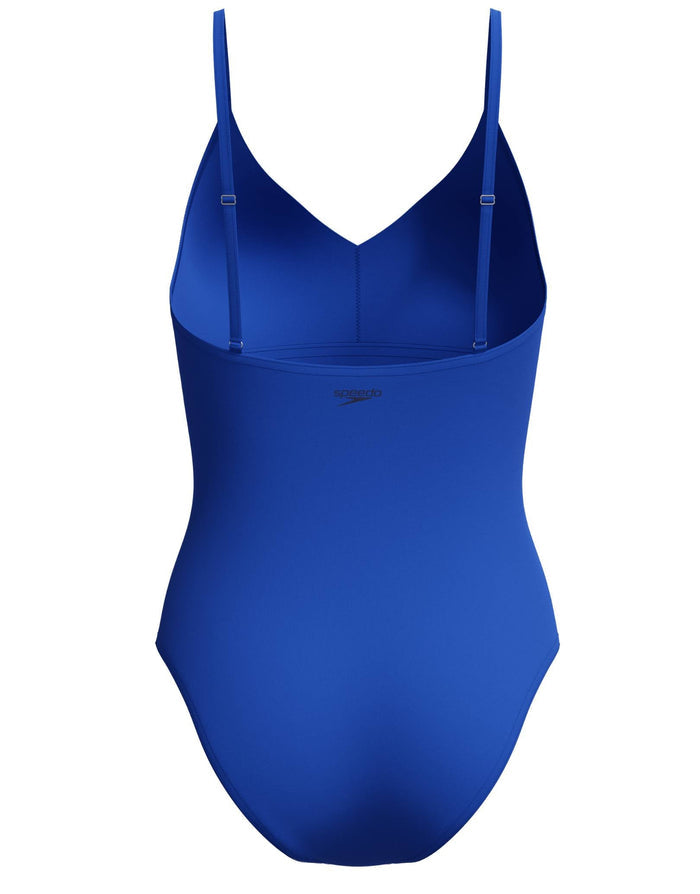 Sleek Speedo solid v neck swimsuit in royal blue with XLance fabric
