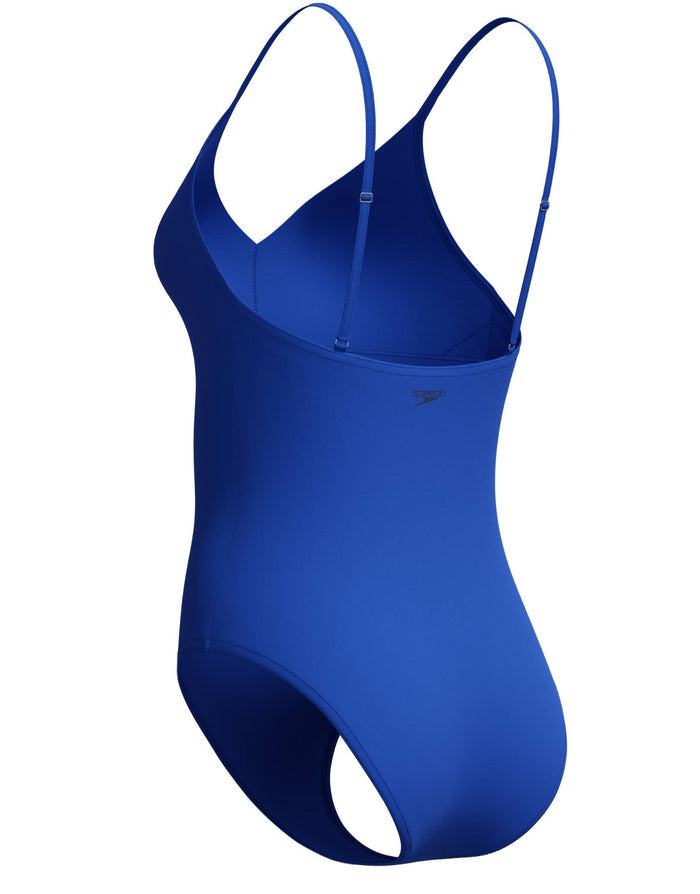 Sleek royal blue Speedo solid v neck swimsuit in xlance fabric