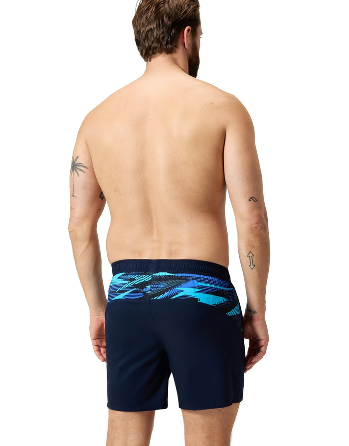 Navy blue Speedo Sport watershorts with vibrant ocean wave design