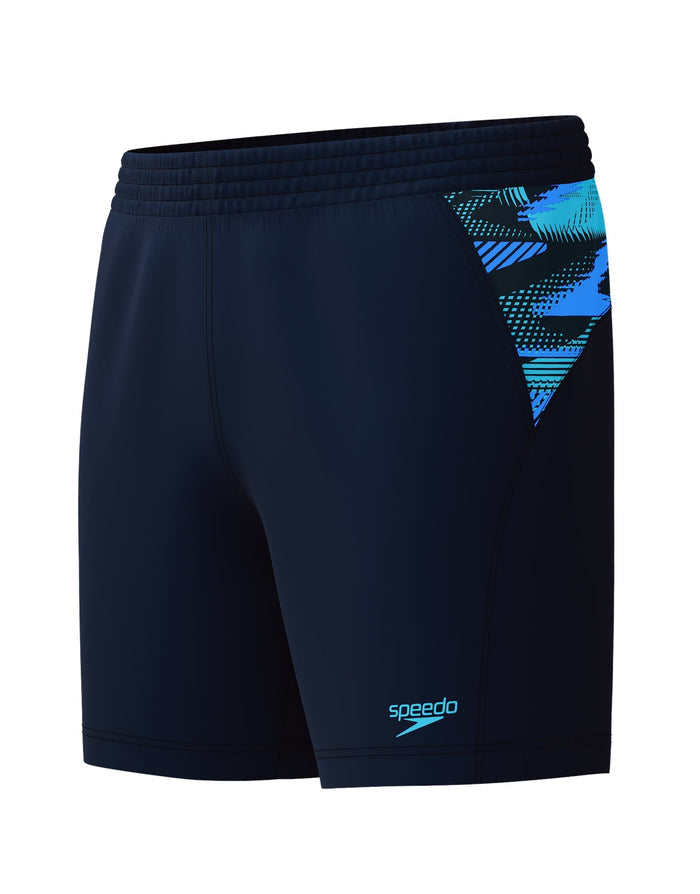 Navy blue Speedo Sport 2 Panel 16 inch watershorts with geometric pattern