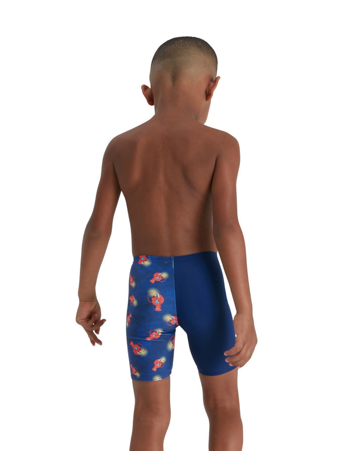 Navy Speedo Tots Boys Digi Allover Jammer with blue trunks, red yellow flamingo print, quick-drying fabric
