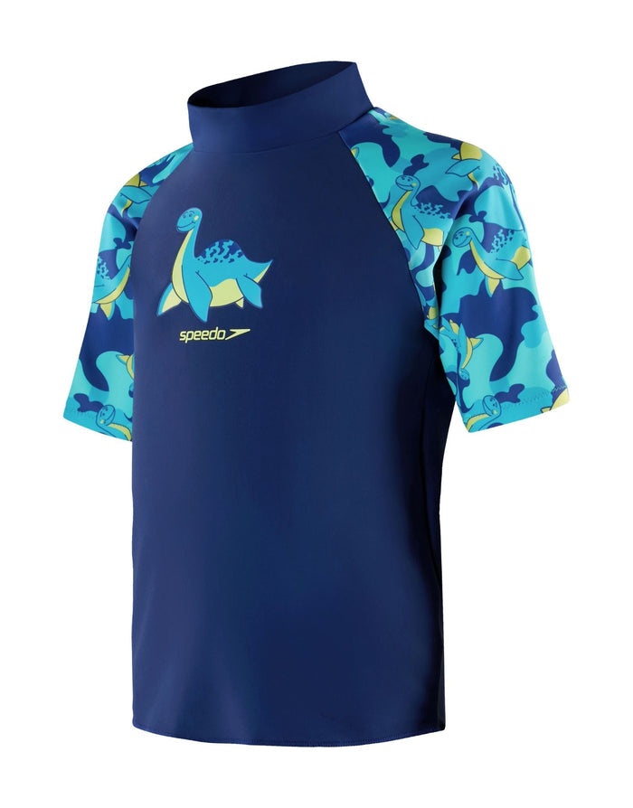 Speedo Tots Boys printed sun protection dinosaur rash guard in blue teal