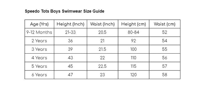 Speedo Tots Boys Printed Sun Protection Set size guide chart