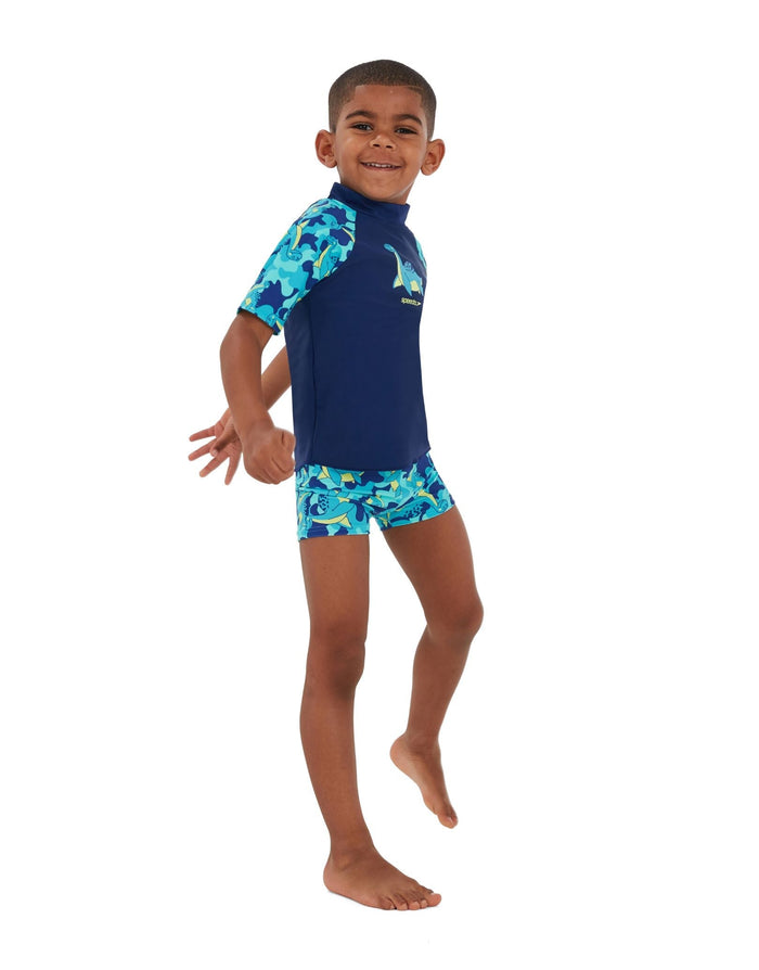 Speedo Tots Boys printed sun protection set in blue green camo with UPF 50+