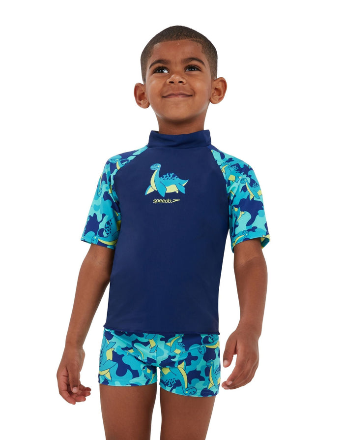 Speedo Tots Boys printed sun protection set in blue green dino rash guard