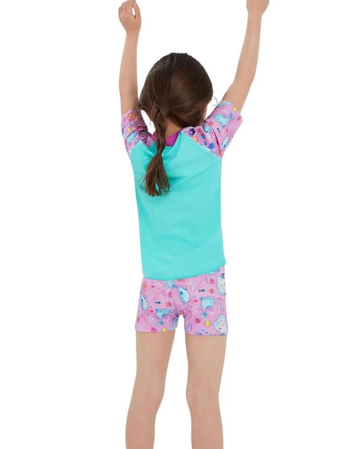 Speedo Tots Girls Printed Sun Protection Set with turquoise rash guard, pink unicorn print and UPF 50+