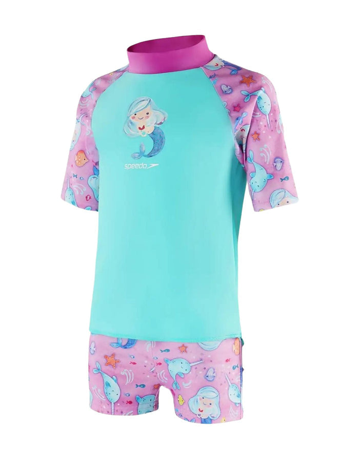 Speedo Tots Girls Printed Sun Protection Set in teal mermaid print
