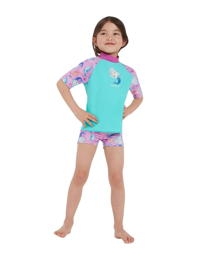 Speedo Tots girls printed sun protection set in teal pink purple
