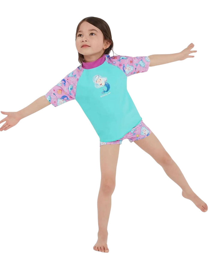 Speedo Tots Girls Printed Sun Protection mermaid swimsuit set in turquoise and pink