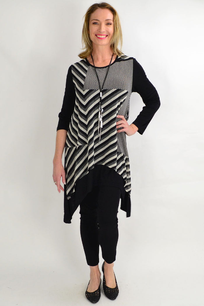 Black and grey Lotus Seed straight-lined tunic top for women, loose fit, ideal for winter wear.
