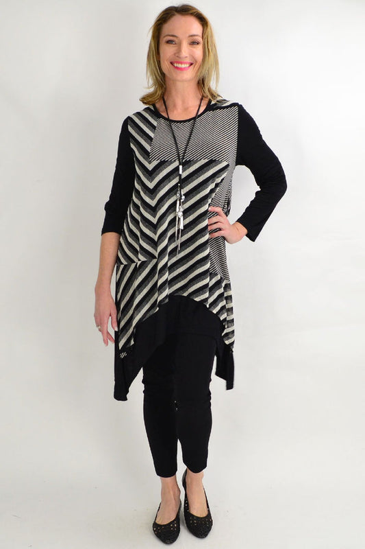 Black and grey Lotus Seed straight-lined tunic top for women, loose fit, ideal for winter wear.