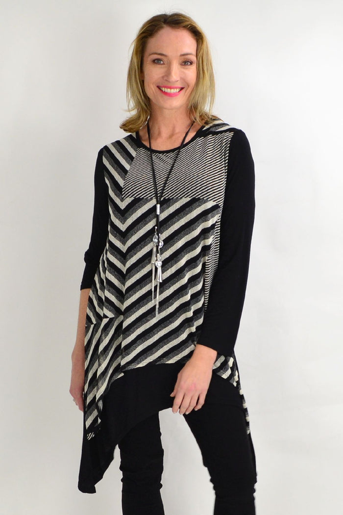 Black and grey Lotus Seed straight-lined tunic top for women, featuring a loose fit and winter-ready style.