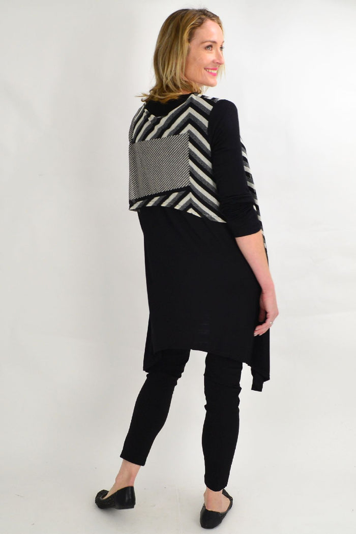 Black and grey Lotus Seed straight-lined tunic top for women, loose winter tunic with a comfortable fit and stylish design.