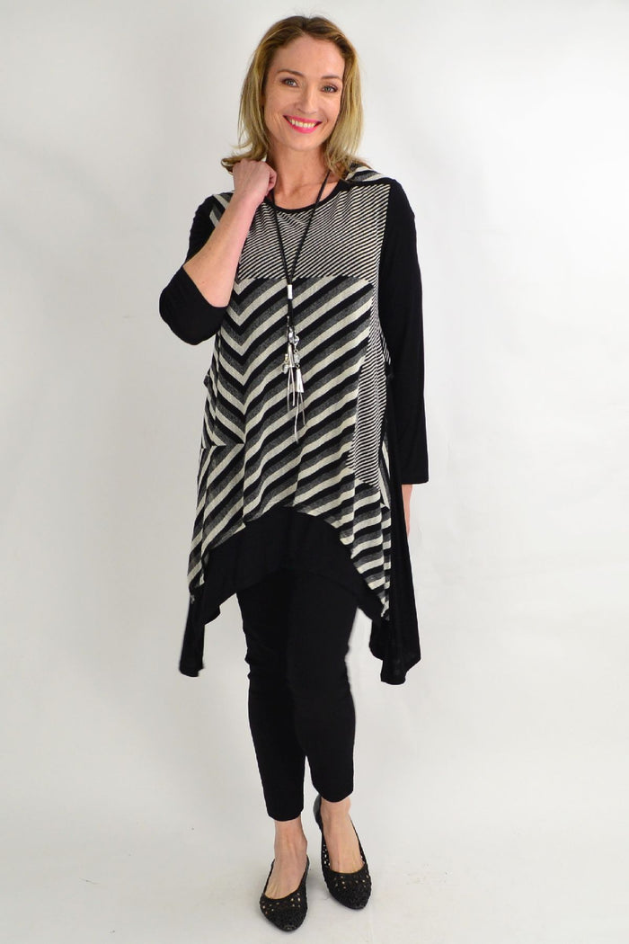 Black and grey loose-fit Lotus Seed straight-lined tunic top for women, ideal for winter wear, casual and comfortable style.