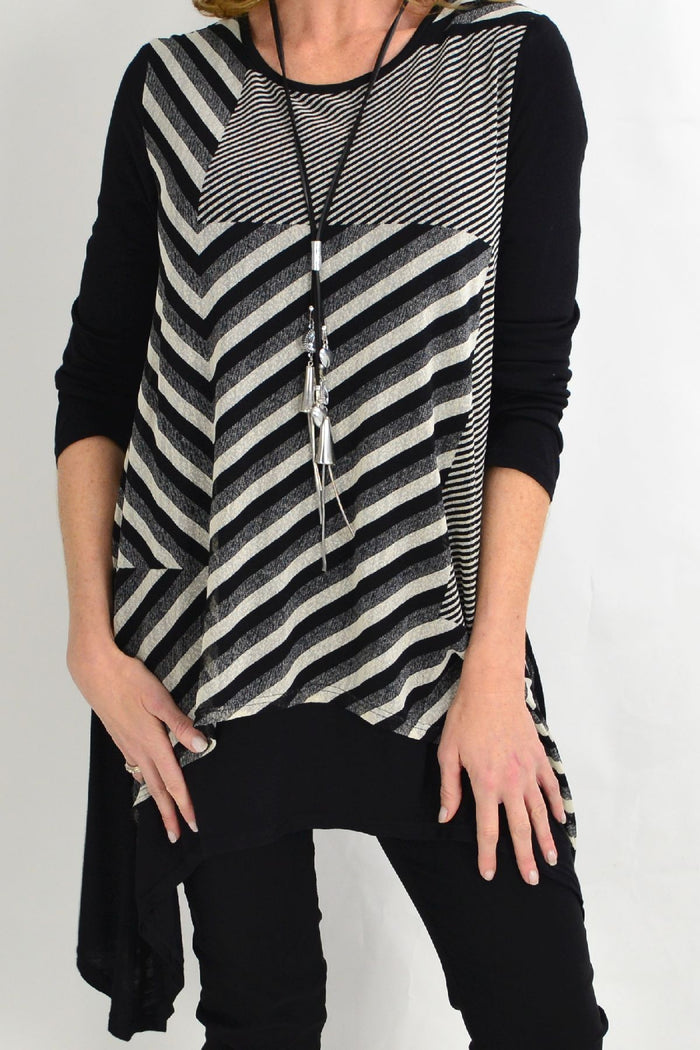 Black and grey loose-fit Lotus Seed straight-lined tunic top for women, ideal for winter, with a comfortable, casual style.