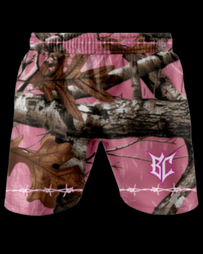 Brutal Cuddlers Sub Hunter pink camo grappling shorts front view for no gi BJJ training