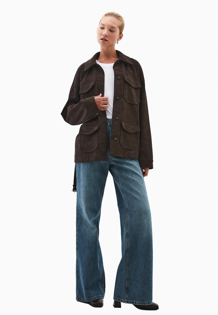 Suede Shirt Collar Jacket - CHOCOLATE TORTE