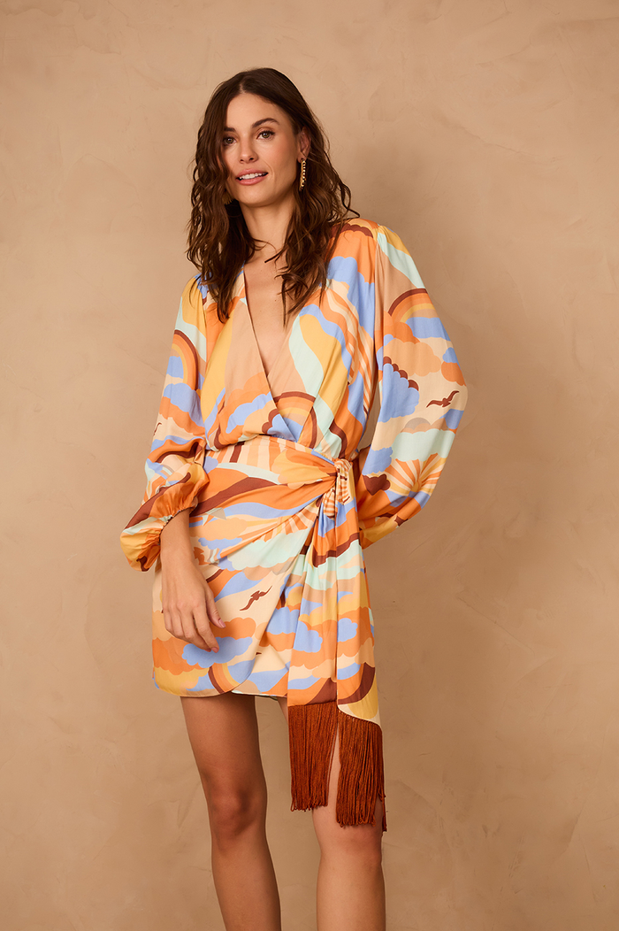 Sunset Print Wrap Fringe Dress_1