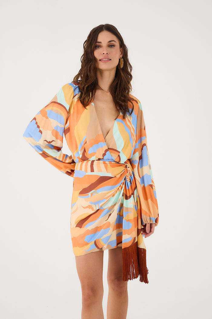 Sunset Print Wrap Fringe Dress_2