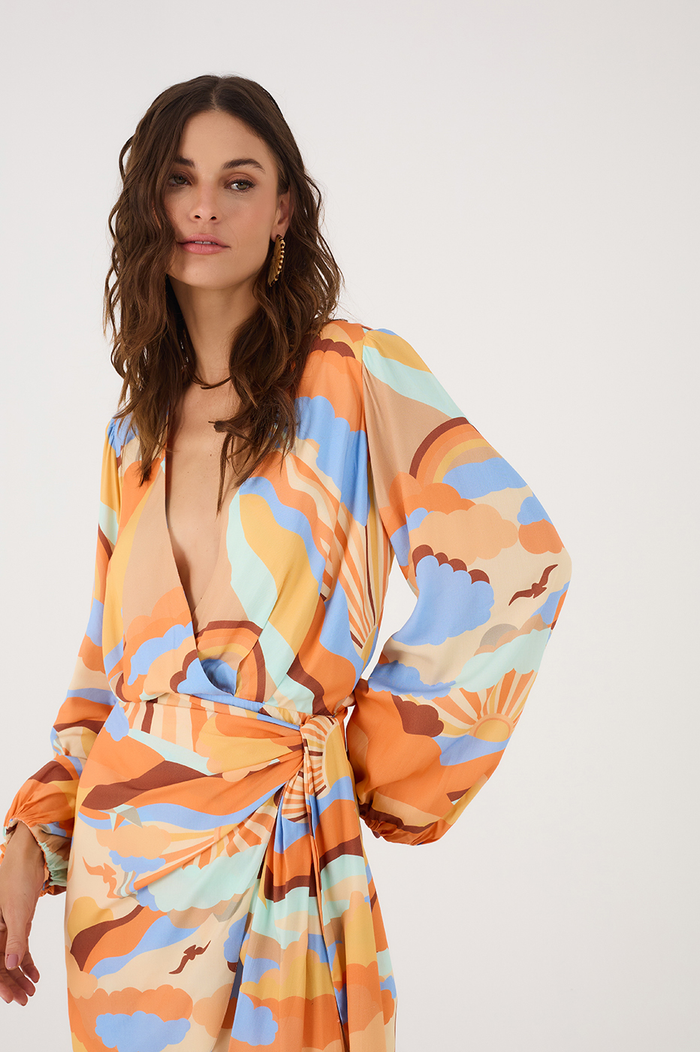 Sunset Print Wrap Fringe Dress_3