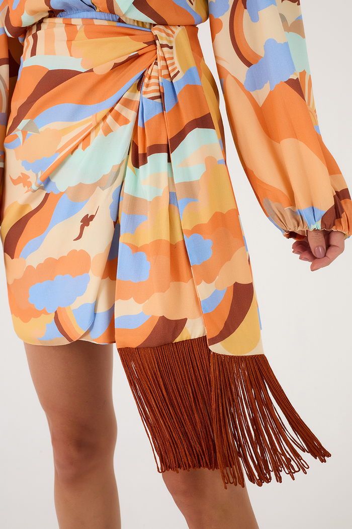 Sunset Print Wrap Fringe Dress_5