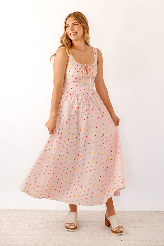 Blush Cotton Poplin Dress- Women's Polkadot Corset Midi Dress- Aureum Dresses