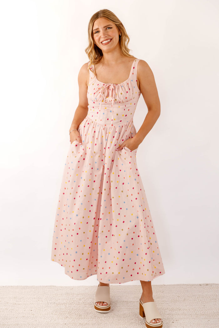 Blush Cotton Poplin Dress- Women's Polkadot Corset Midi Dress- Aureum Dresses