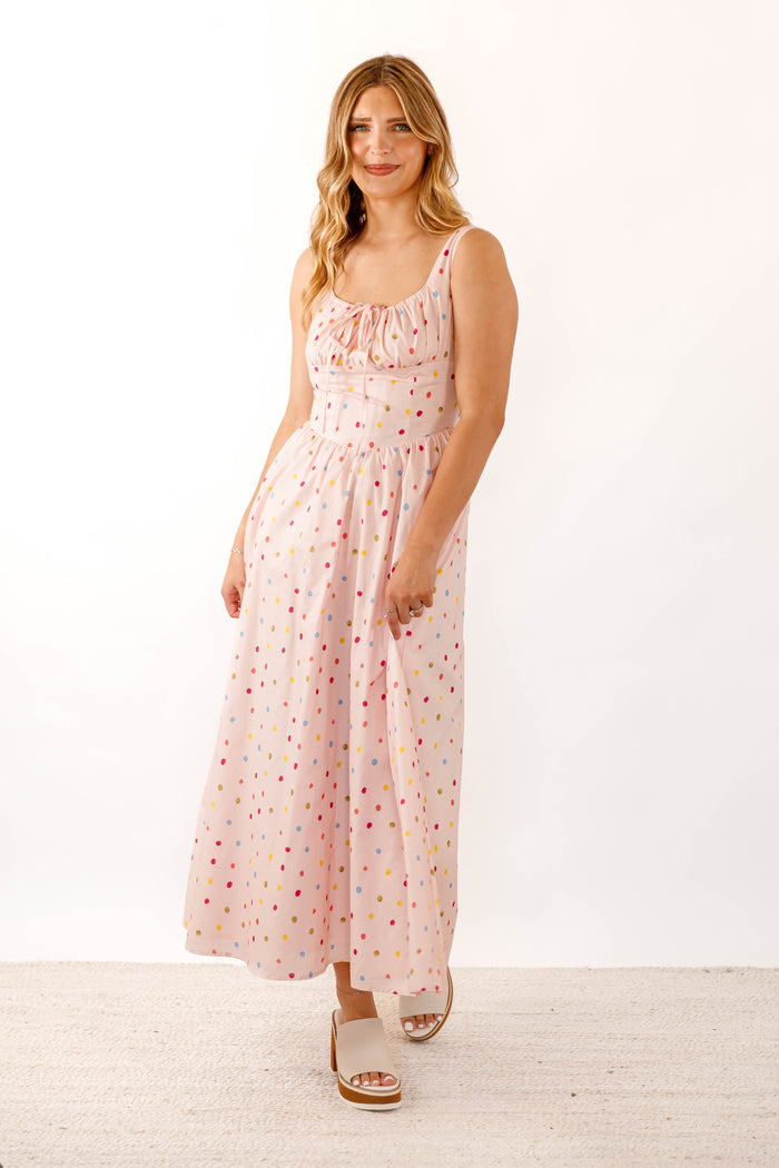 Blush Cotton Poplin Dress- Women's Polkadot Corset Midi Dress- Aureum Dresses