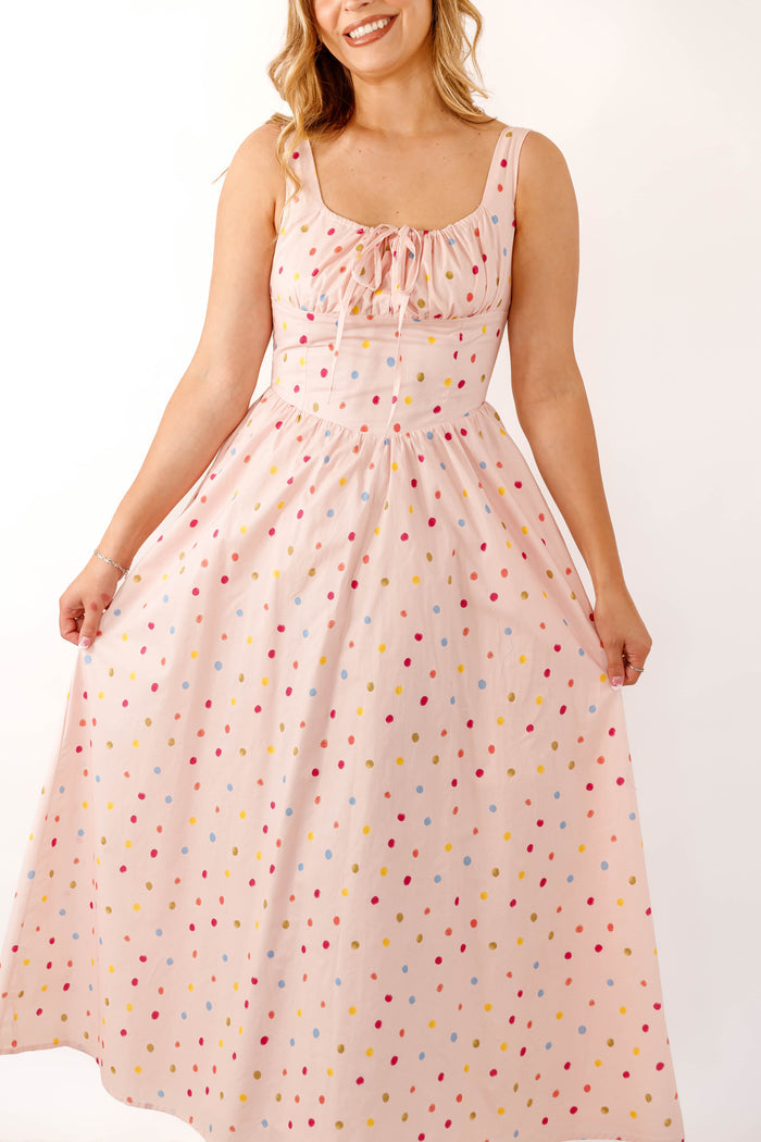 Blush Cotton Poplin Dress- Women's Polkadot Corset Midi Dress- Aureum Dresses