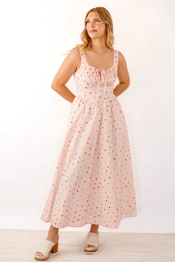 Blush Cotton Poplin Dress- Women's Polkadot Corset Midi Dress- Aureum Dresses