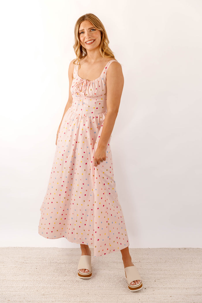Blush Cotton Poplin Dress- Women's Polkadot Corset Midi Dress- Aureum Dresses