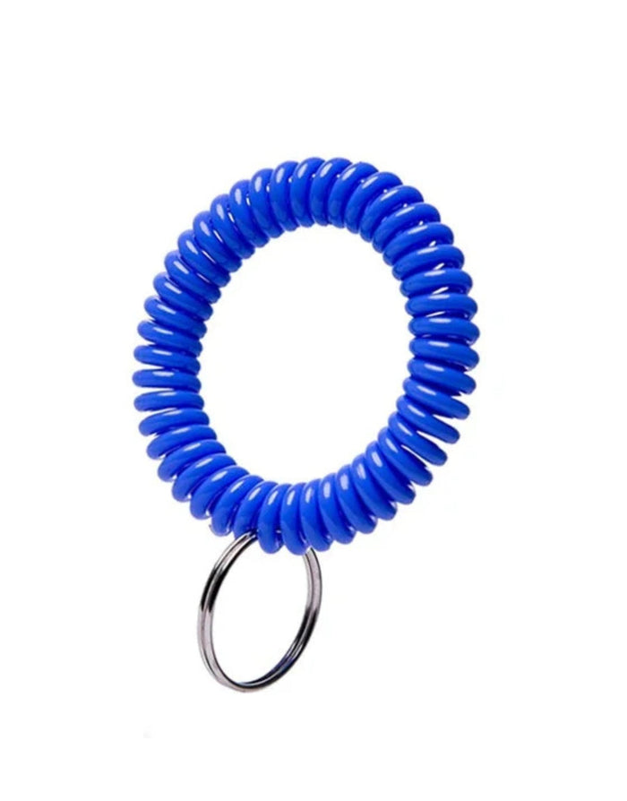 Blue SwimExpert spiral keychain with ring holds multiple keys securely